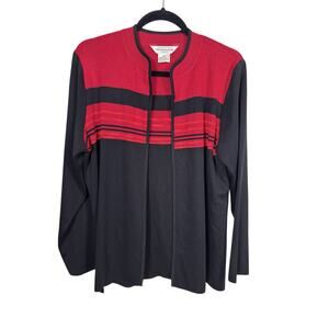 Misook Cardigan Womens Petite Medium PM Black Red Stripe Open Front Knit Jacket
